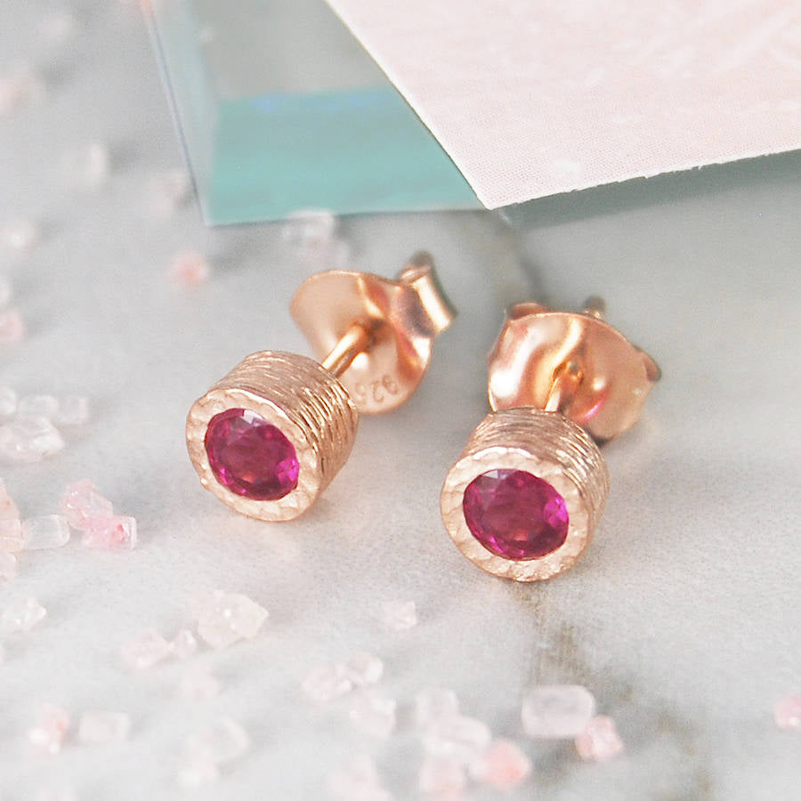 Pink Ruby Rose Gold plated Silver July Birthstone Stud Earrings