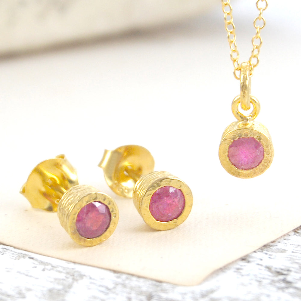 Pink Ruby Gold plated Silver July Birthstone Pendant Necklace and stud earrings jewellery set