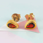 Garnet Teardrop Gold plated Silver January Birthstone Stud Earrings