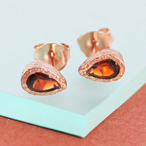 Garnet Teardrop Rose Gold plated Silver January Birthstone Stud Earrings