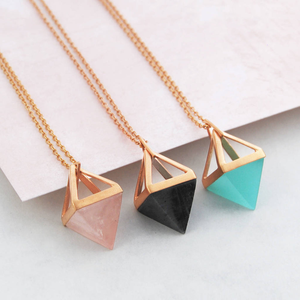 Geometric Silver Multi Gemstone Pyramid Necklace