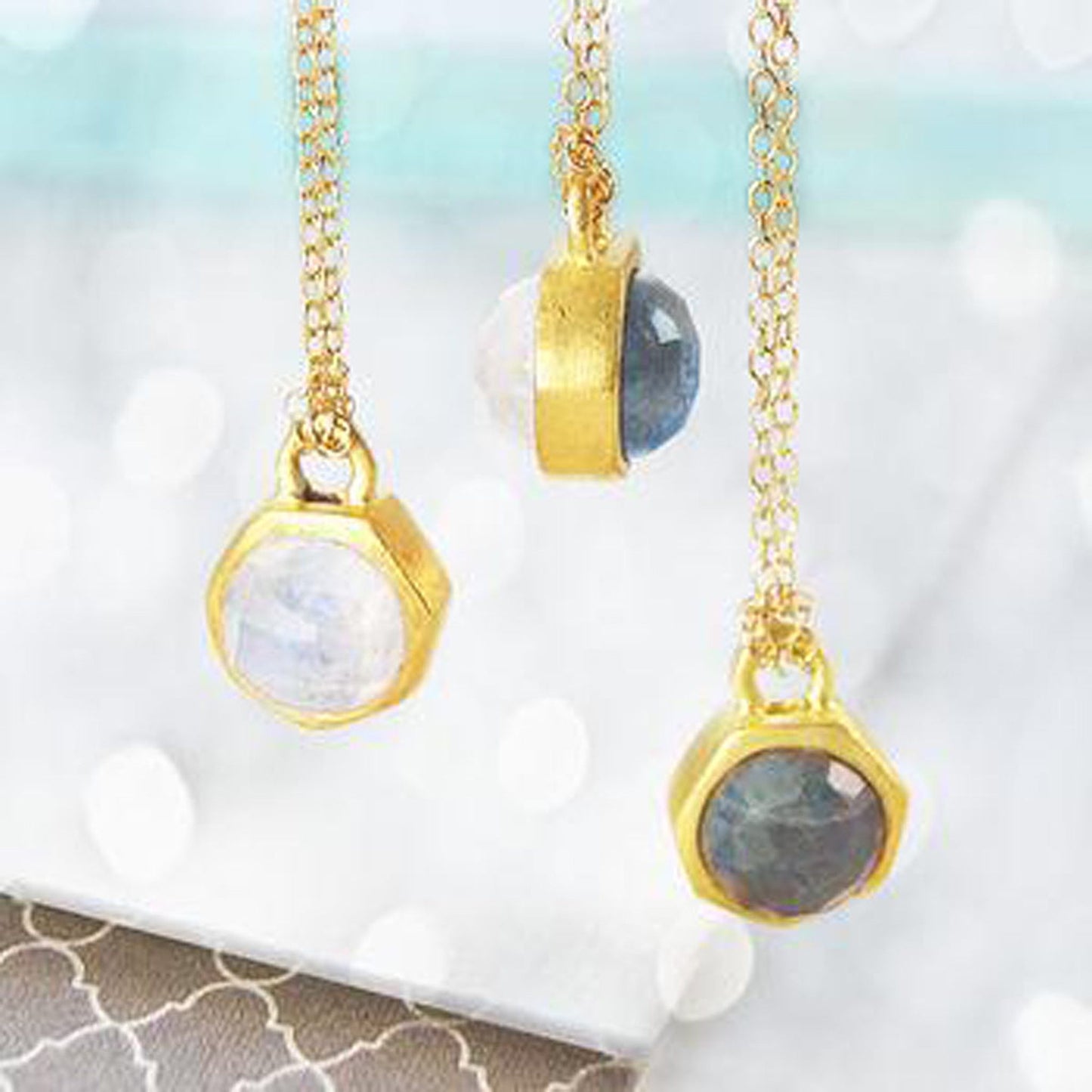 Double Sided Labradorite and Moonstone Gold Necklace