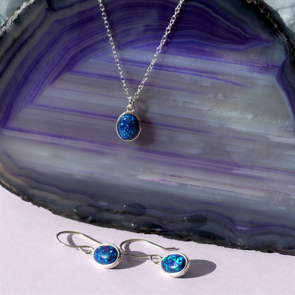 Natural Black Opal October Birthstone Sterling Silver Stud Earrings and Necklace Jewellery Set