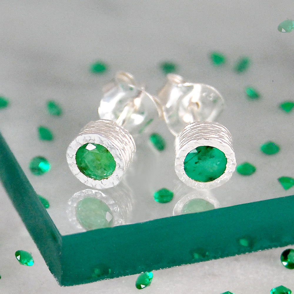 Emerald May Birthstone Sterling Silver Stud Earrings