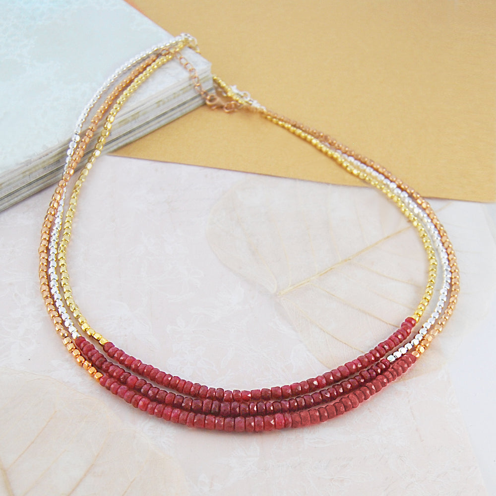 Pink Ruby July Birthstone Bead Necklace