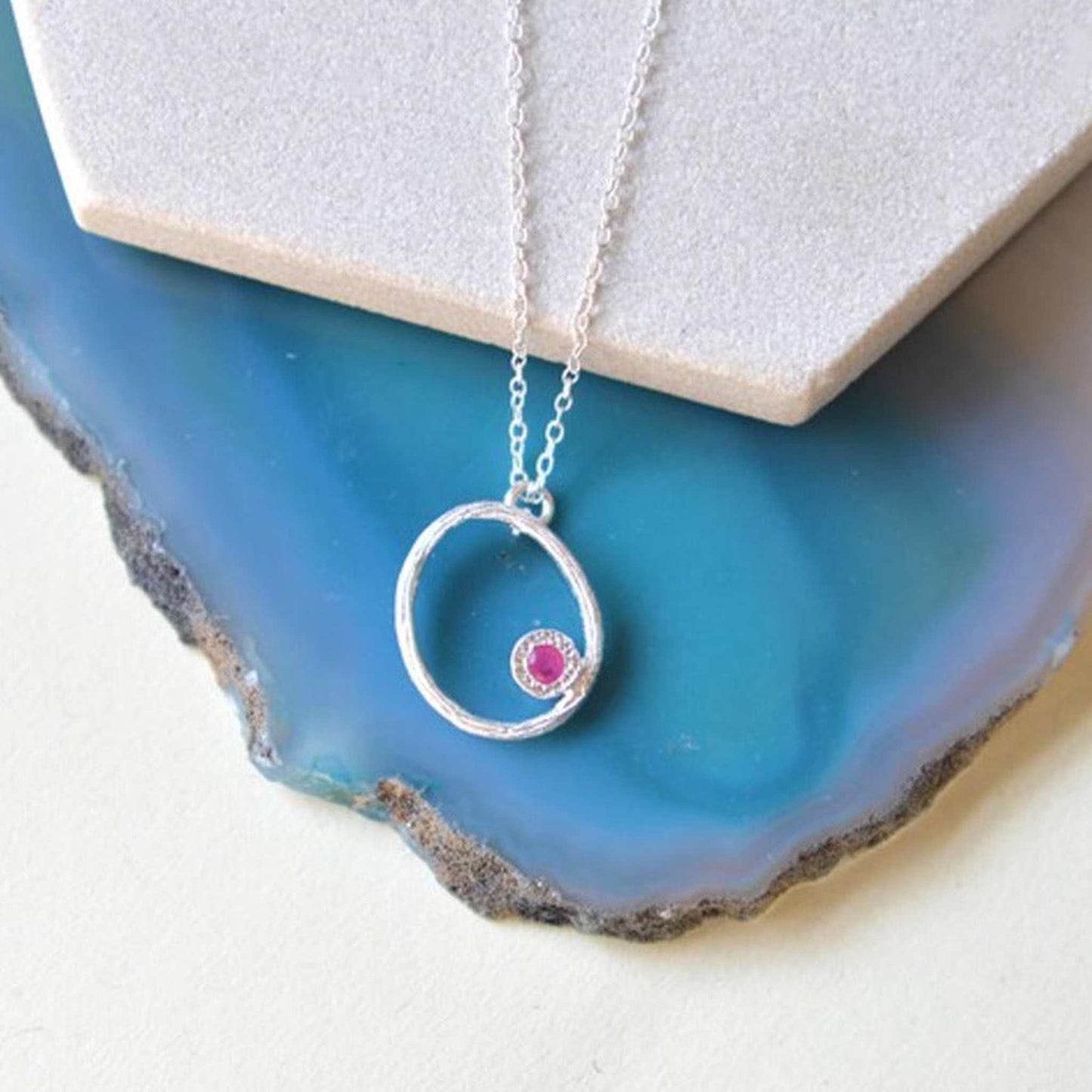 Silver Ruby July Birthstone Oval Necklace