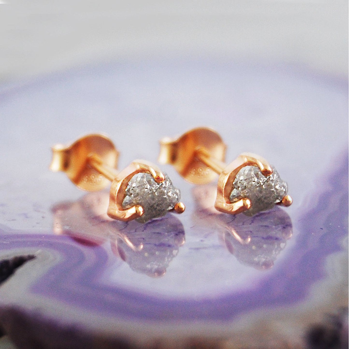 Rose Gold Raw Diamond April Birthstone Gold Stud Earrings
