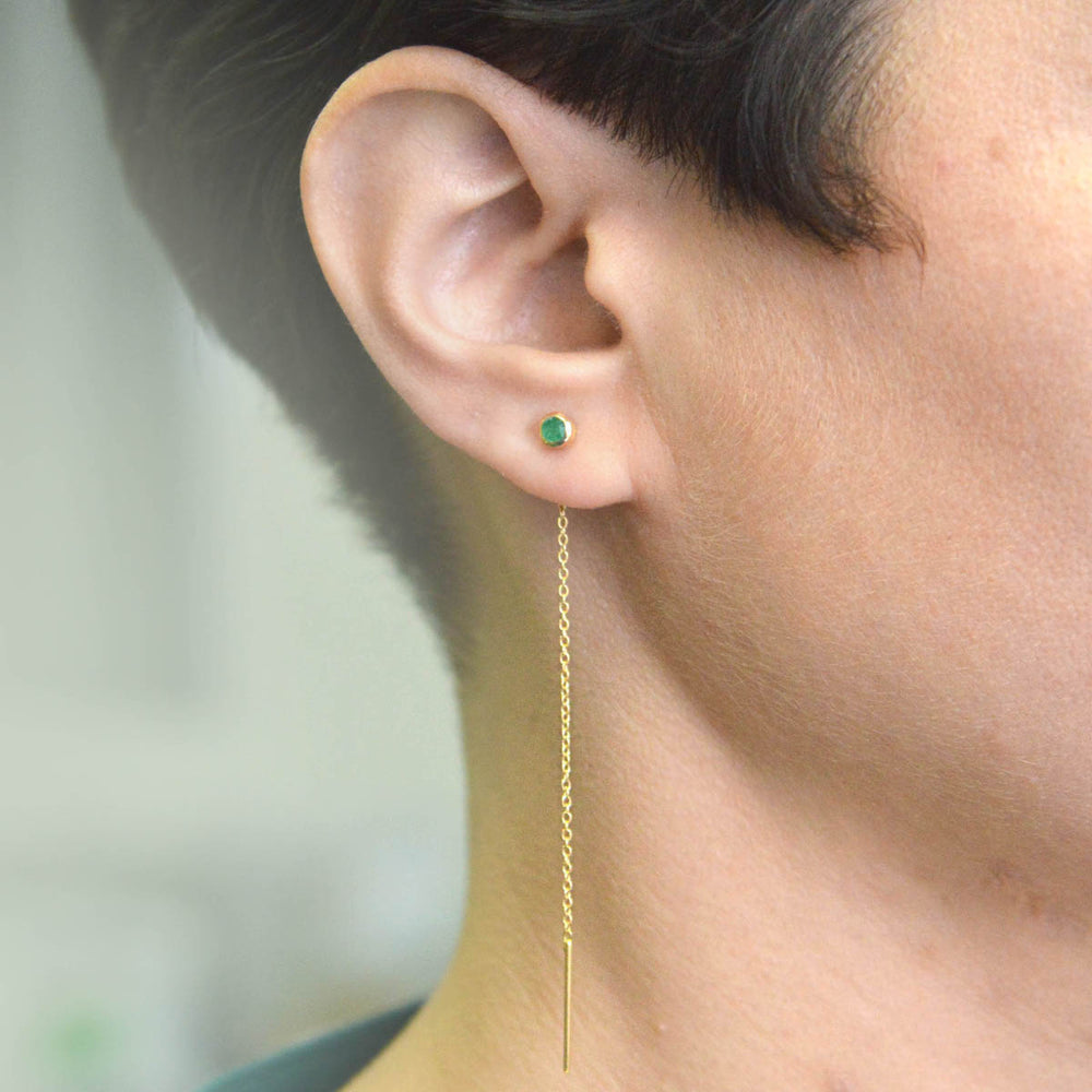 Emerald May Birthstone Silver Chain Threader Earrings