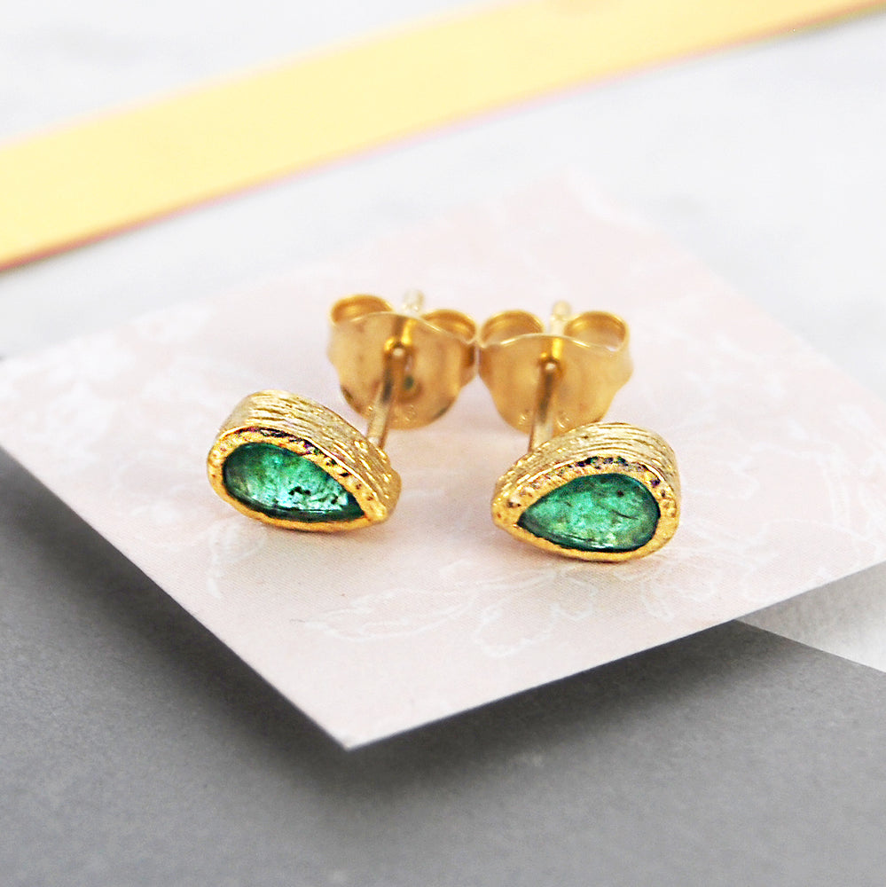 Emerald May Birthstone Gold plated Sterling Silver Teardrop Stud Earrings