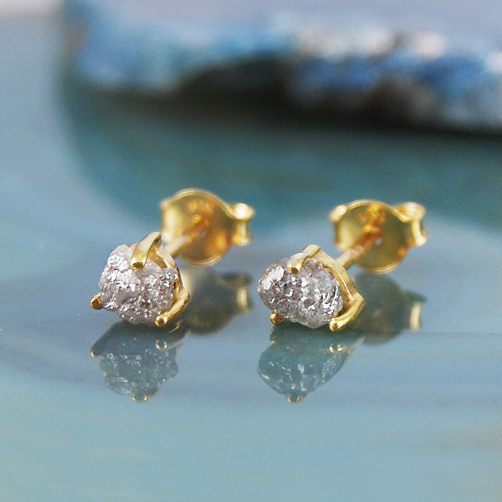 Tiny Rose Gold Raw Diamond April Birthstone Gold Stud Earrings