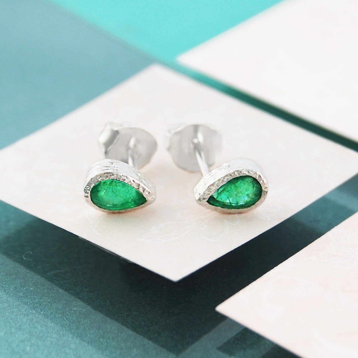 Emerald May Birthstone Sterling Silver Teardrop Stud Earrings