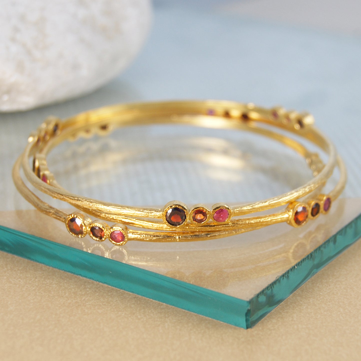 Garnet And Ruby Triple Stone Gold plated Silver Bangle
