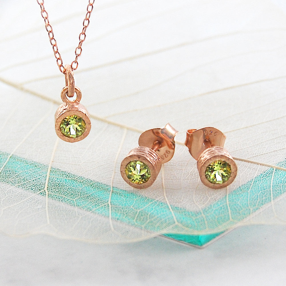 Peridot Rose Gold plated Silver August Birthstone Pendant Necklace and Stud Earrings Jewellery Set
