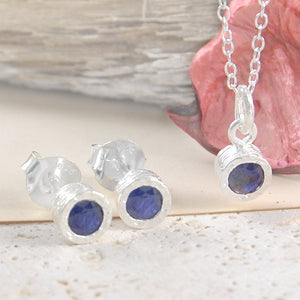 Sapphire September Birthstone Sterling Silver Stud Earrings and Necklace Jewellery Set