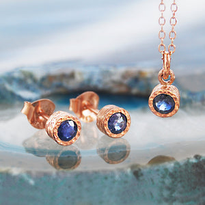 Sapphire September Birthstone Rose Gold plated Silver Stud Earrings and Necklace Jewellery Set