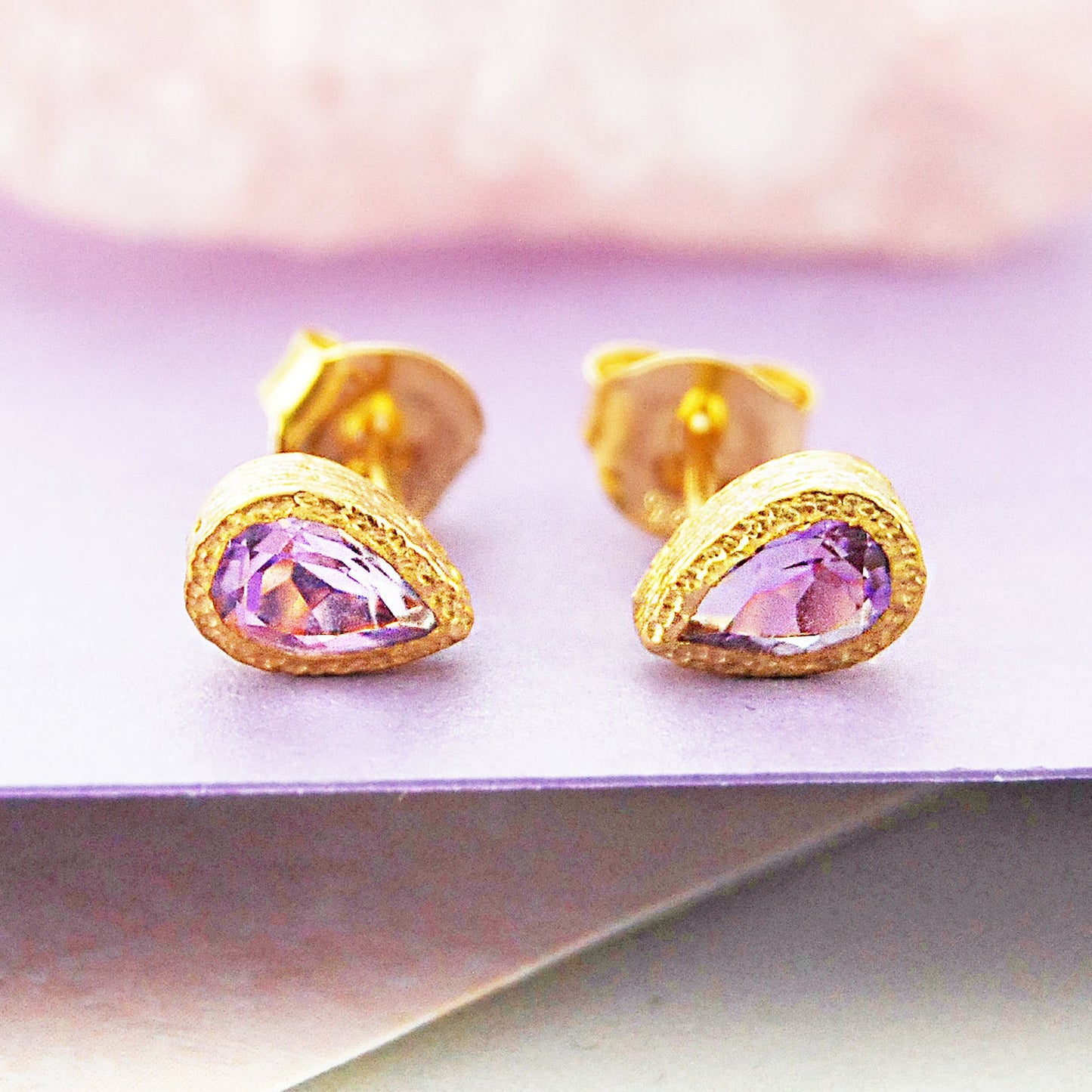 Amethyst 18kt Gold plated Silver Teardrop Stud Earrings