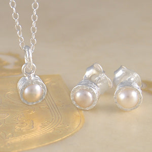 White Pearl June Birthstone Sterling Silver Earrings and Pendant Jewellery Set