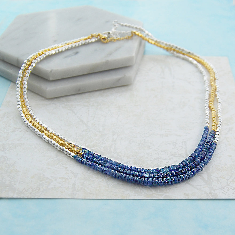 Raw Sapphire September Birthstone Sterling Silver Beaded Necklace