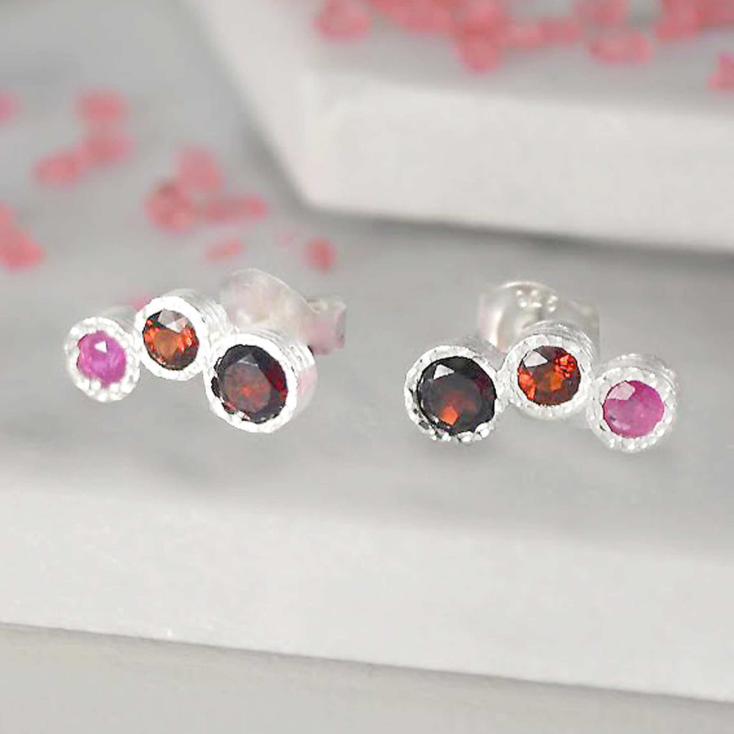 Garnet And Ruby Triple Birthstone Sterling Silver Stud Earrings