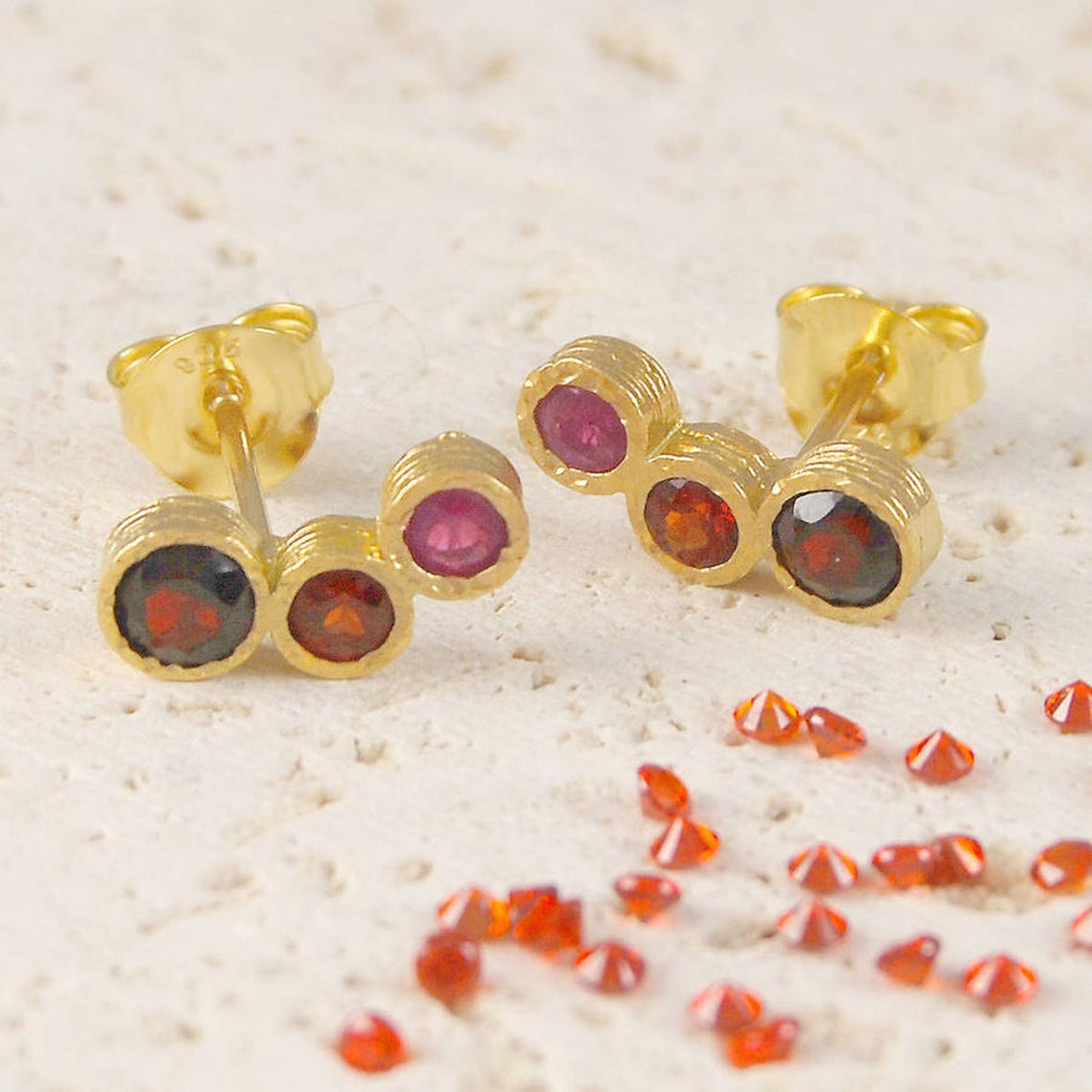 Garnet And Ruby Triple Birthstone Gold Stud Earrings