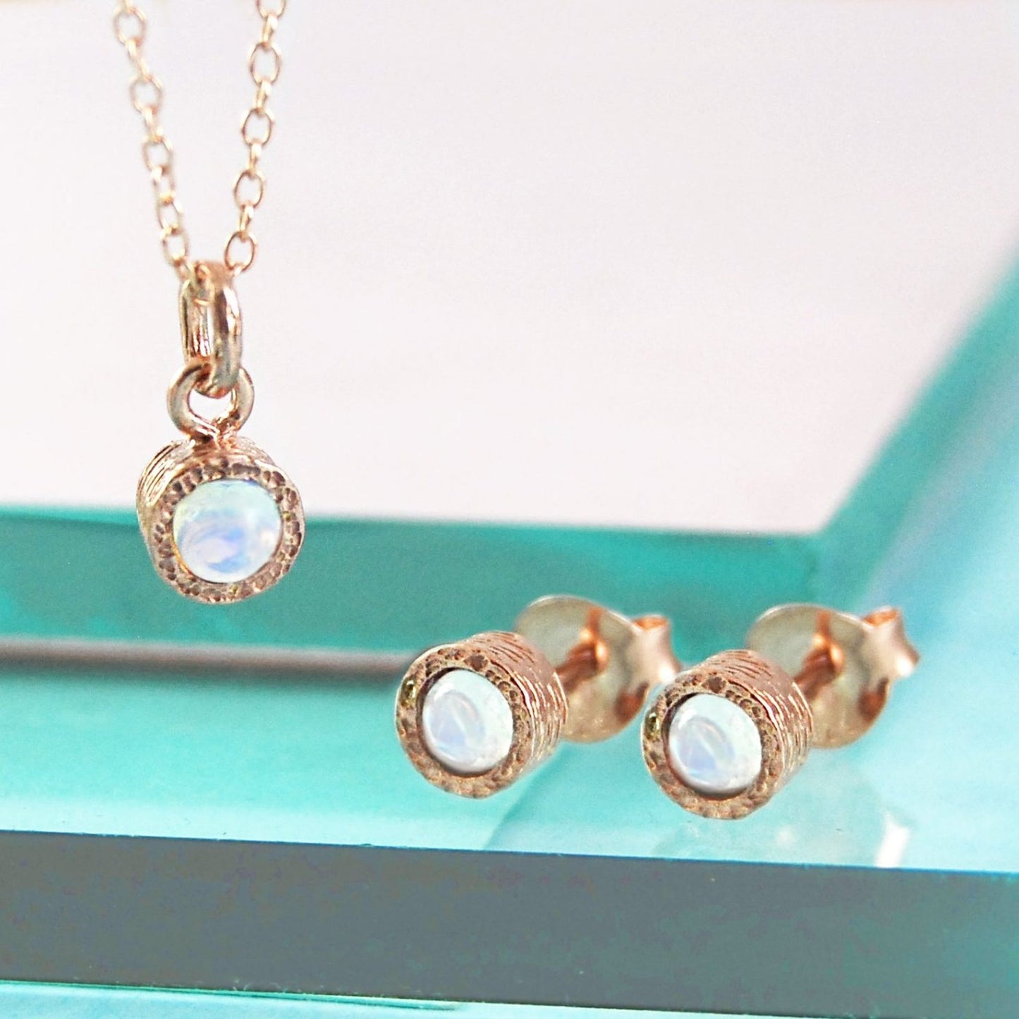 Opal October Birthstone Rose Gold plated Silver Stud Earrings and Necklace Jewellery Set