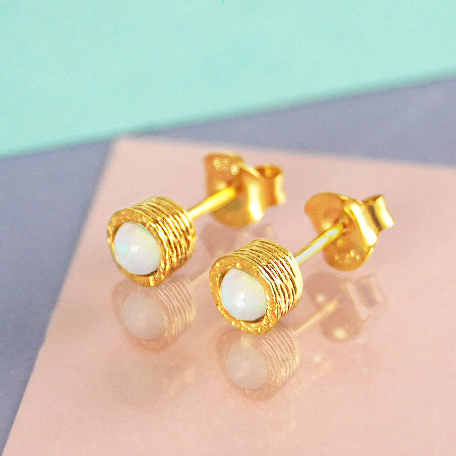 Opal October Birthstone Gold plated Silver Stud Earrings