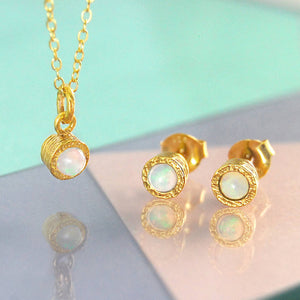 Opal October Birthstone Gold plated Silver Pendant Necklace and Stud Earrings Jewellery Set