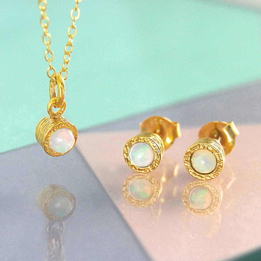 Opal October Birthstone Rose Gold plated Silver Stud Earrings and Necklace Jewellery Set