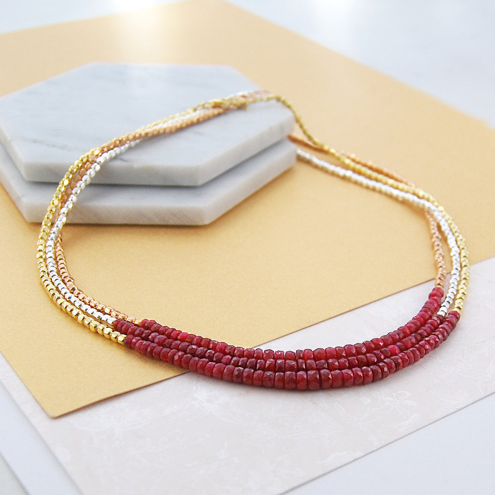 Pink Ruby July Birthstone Bead Necklace