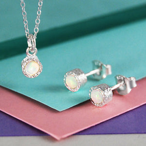 Opal October Birthstone Sterling Silver Stud Earrings and Necklace Jewellery Set