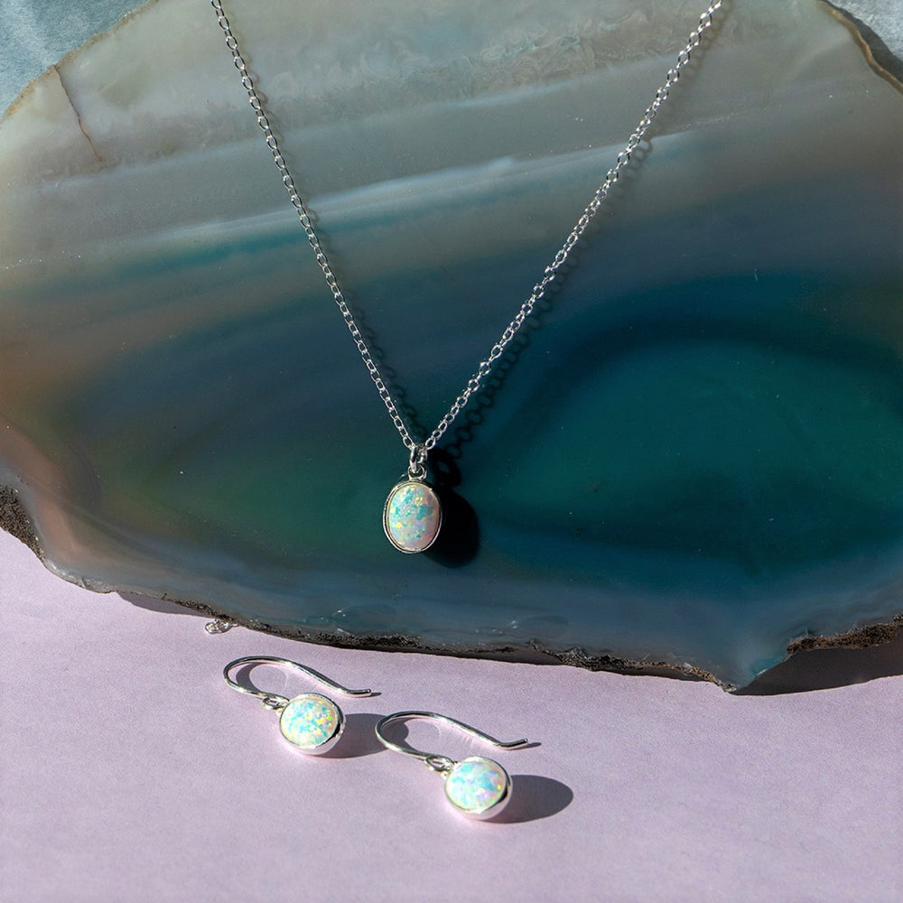 Welo Opal Sterling Silver October Birthstone Drop Earrings and Necklace Jewellery Set