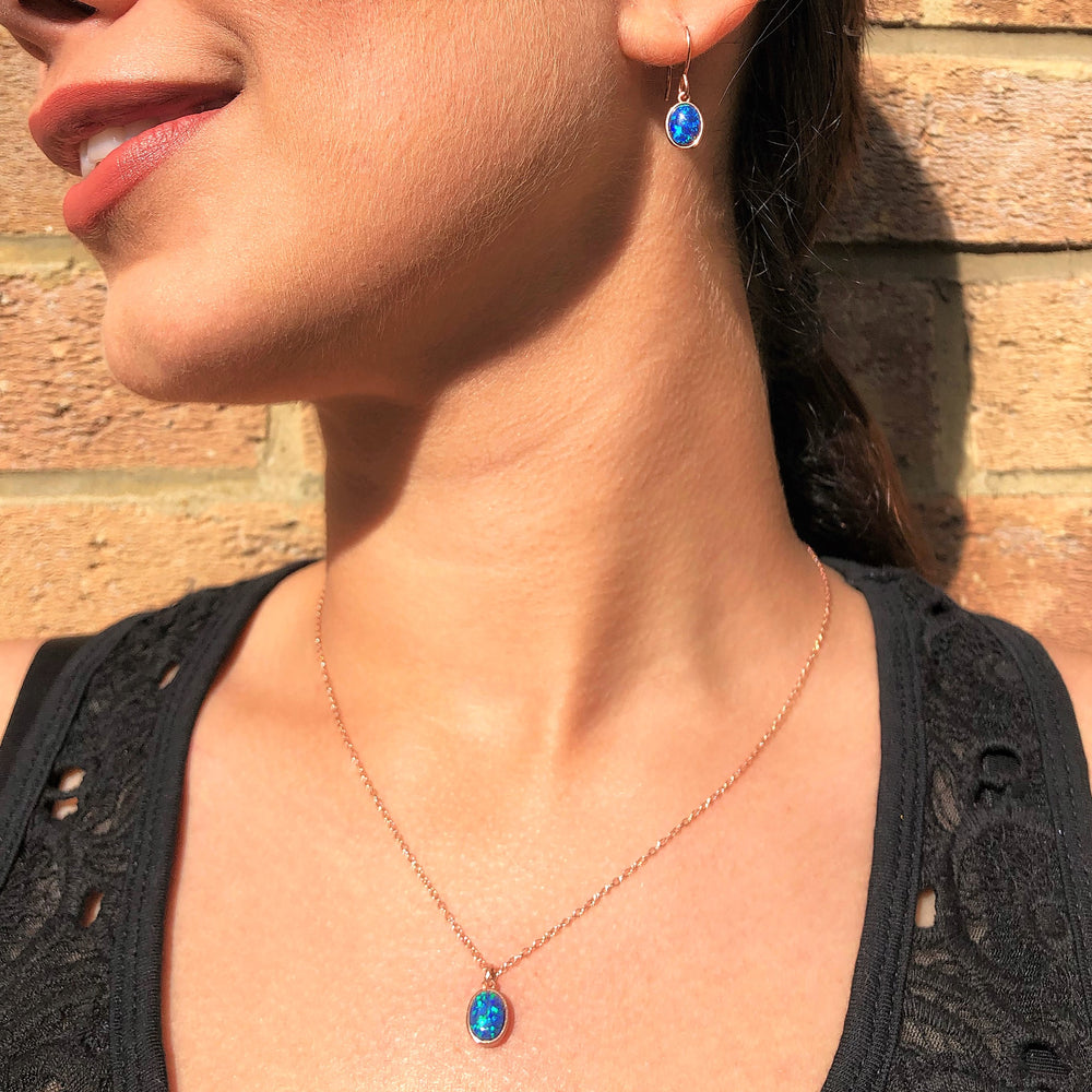 Black Opal Rose Gold plated Silver October Birthstone Pendant Necklace and Drop Earrings Jewellery Set
