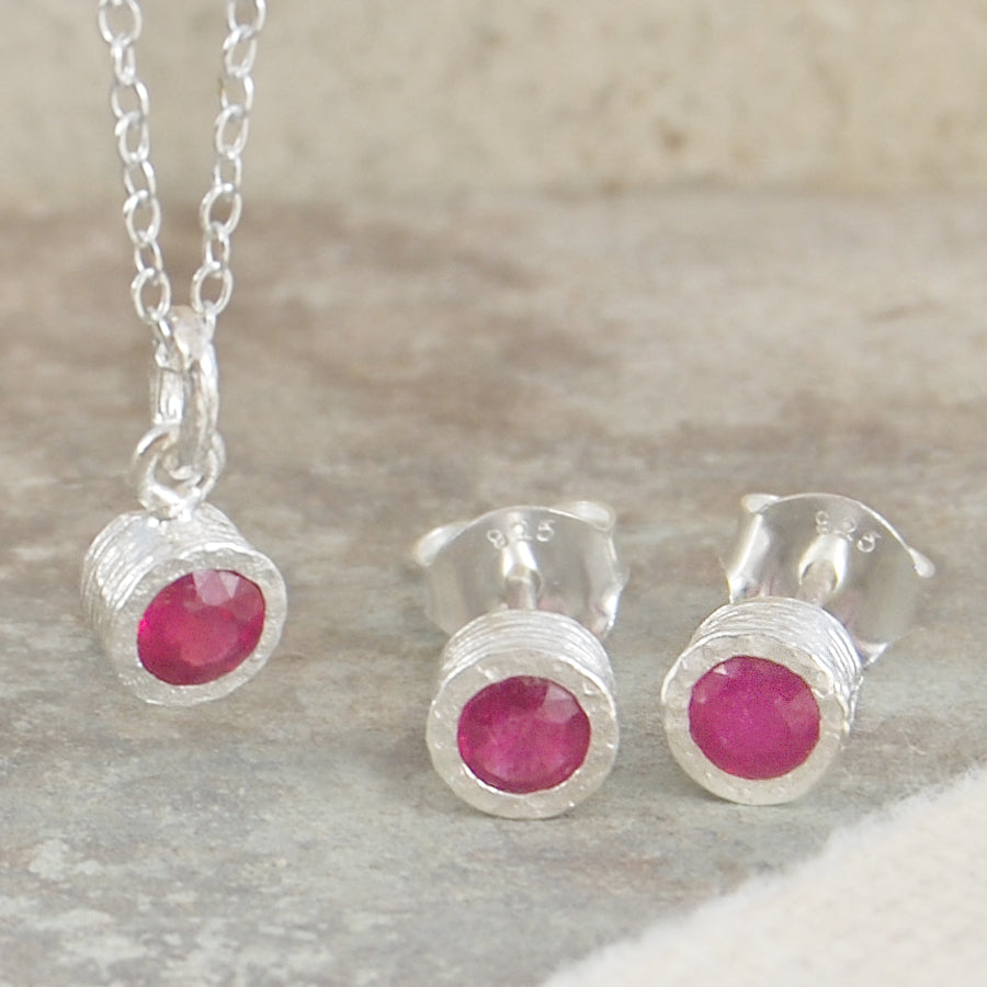 Pink Ruby Sterling Silver July Birthstone Pendant Necklace and stud earrings jewellery set