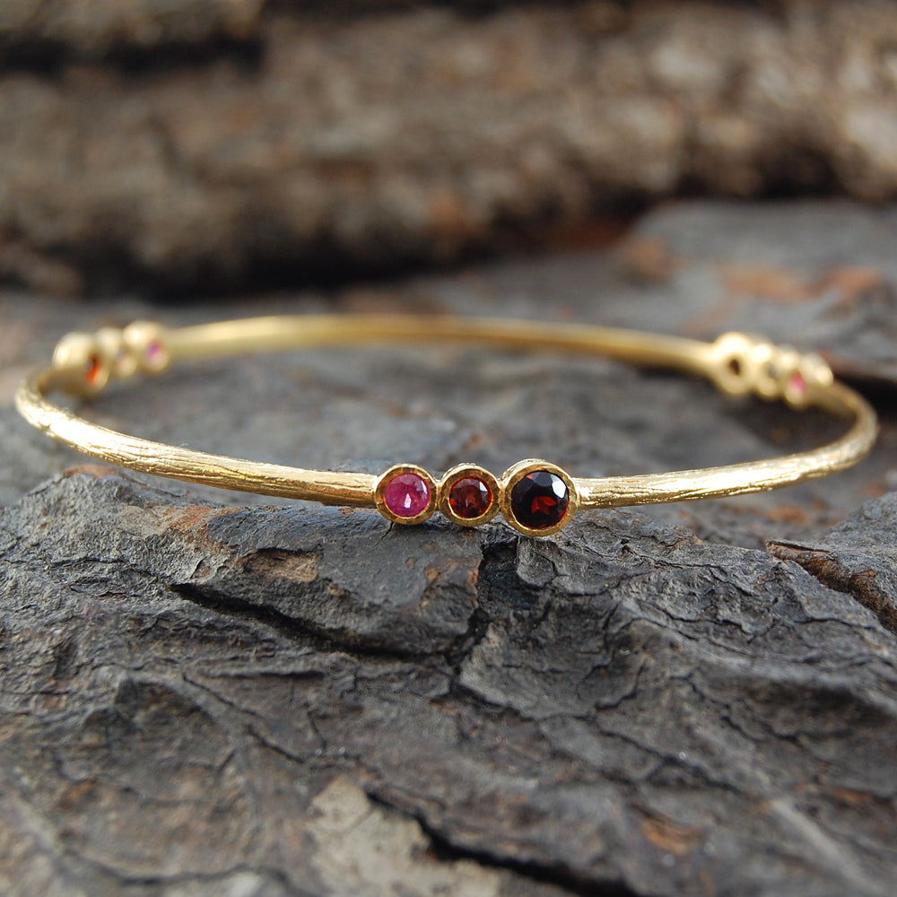 Garnet And Ruby Triple Stone Gold plated Silver Bangle