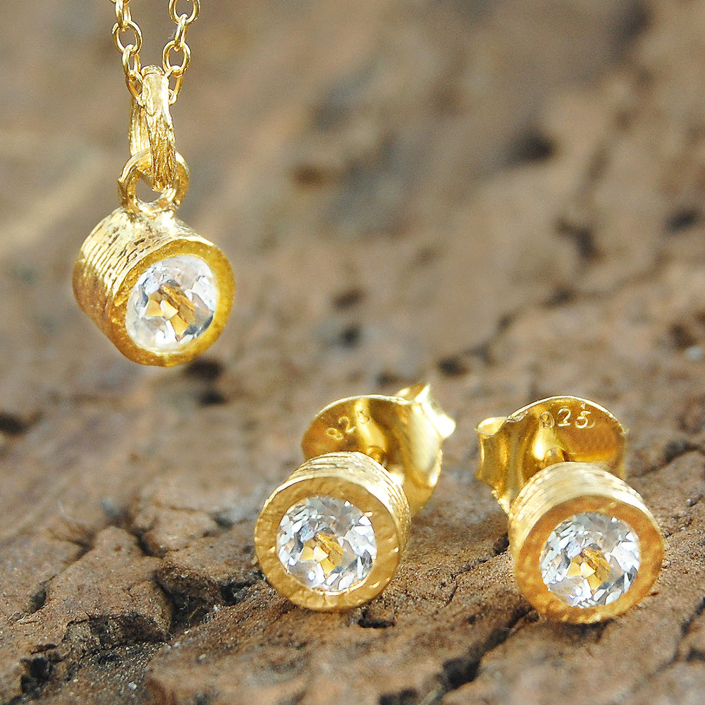 White Topaz 18kt Gold plated Silver November Birthstone Stud Earrings and Necklace Jewellery Set