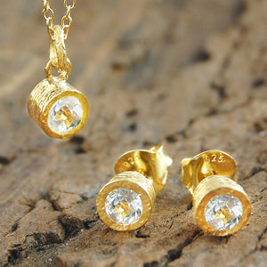 White Topaz Gold plated Silver November Birthstone Stud Earrings and Necklace Jewellery Set