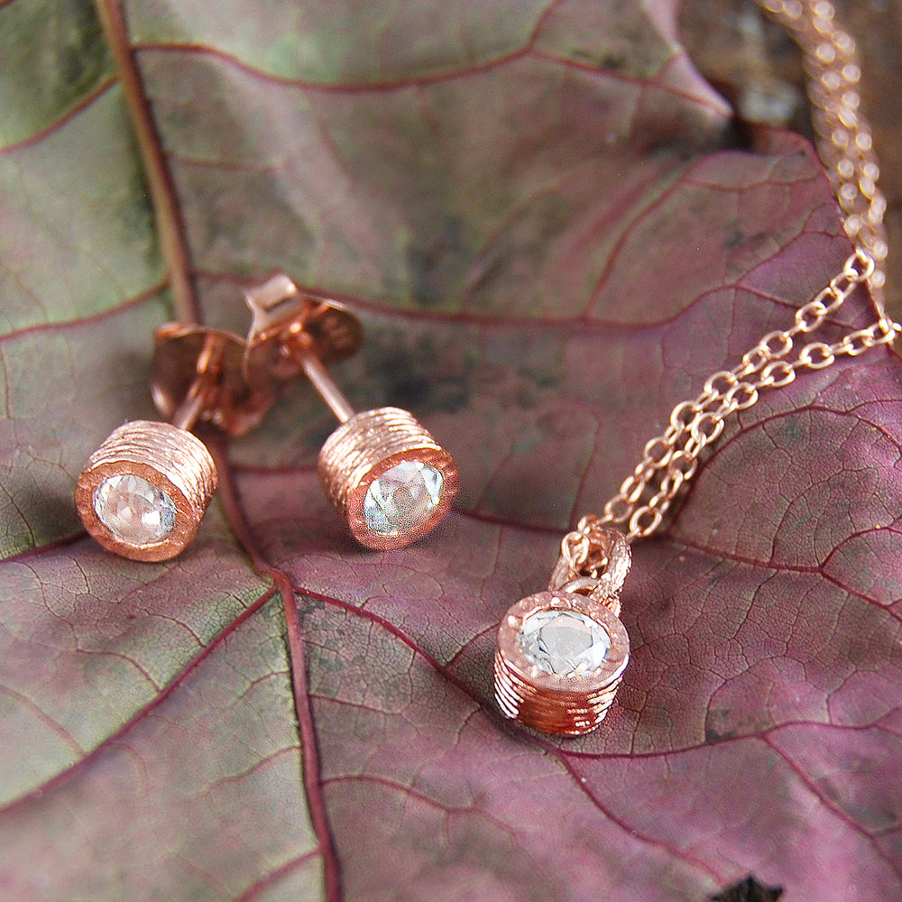 White Topaz 18kt Rose Gold plated Silver November Birthstone Stud Earrings and Necklace Jewellery Set