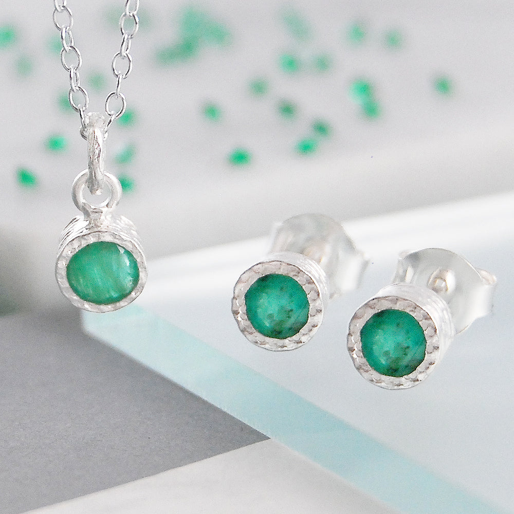 Emerald May Birthstone Sterling Silver Stud Earrings and Necklace Jewellery Set