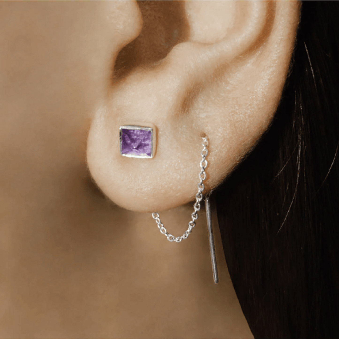 Amethyst Sterling Silver Chain Threader Earrings