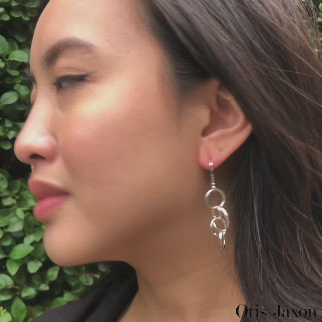 Planet Ring Chain Long Drop Silver Earrings