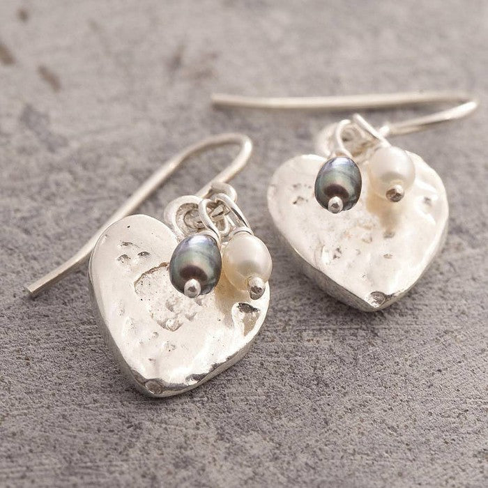 Organic Heart Pearl Drop Earrings with Black and White Pearls - Otis Jaxon Silver Jewellery