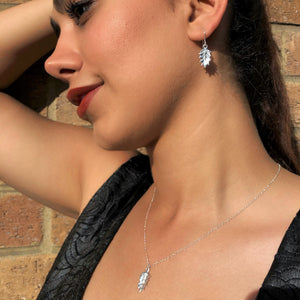 Holly Leaf Sterling Silver Drop Earrings and Necklace Jewellery Set