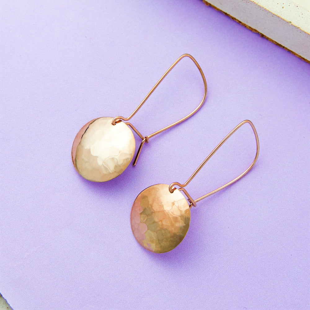 
            
                Load image into Gallery viewer, Hammered Disc Rose Gold Long Drop Earrings - Otis Jaxon Silver Jewellery
            
        