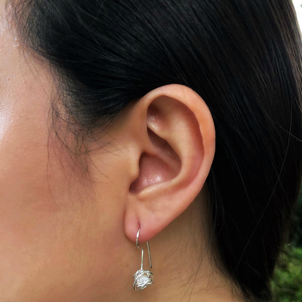 Caged Pearl Silver Drop Earrings in White - Otis Jaxon Silver Jewellery