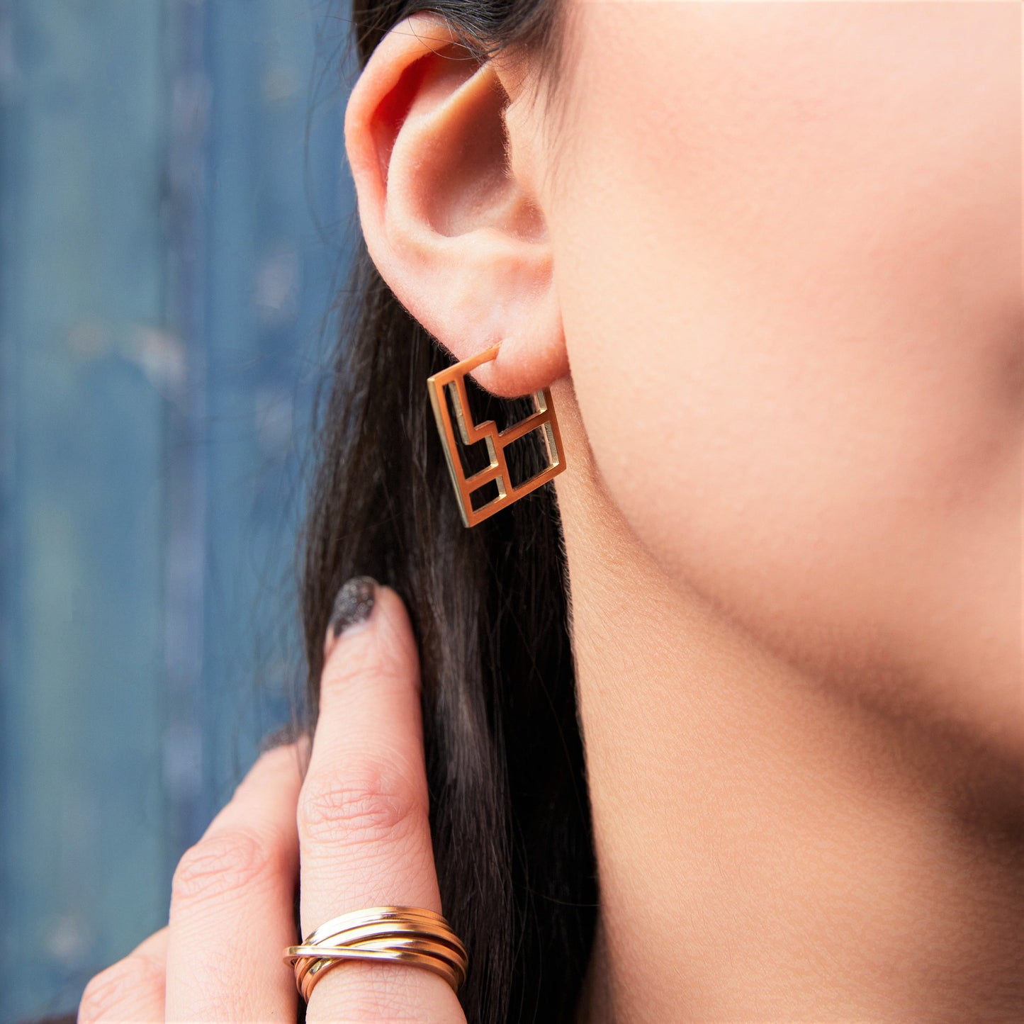 Art Deco Gold Square Geometric Hoop Earrings