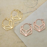 Hexagonal Geometric Gold and Rose Gold Huggie Hoop Earrings - Otis Jaxon Silver Jewellery