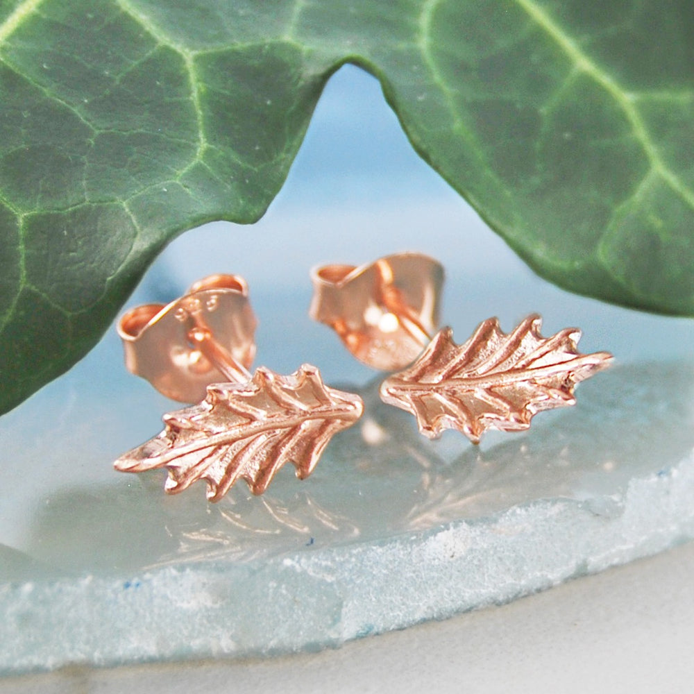 
            
                Load image into Gallery viewer, Holly Leaf Rose Gold Stud Earrings - Otis Jaxon Silver Jewellery
            
        