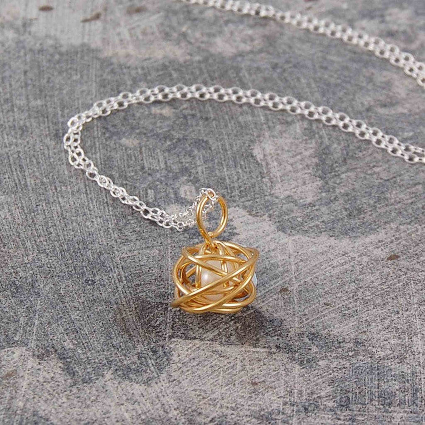 Caged Pearl Gold Sterling Silver Knot Necklace in White - Otis Jaxon Silver Jewellery
