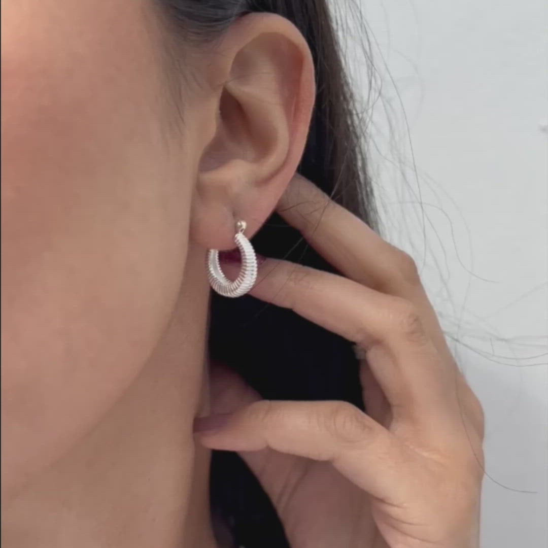 Small Ribbed Hoop Silver Earrings