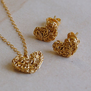 Mesh Heart Gold Drop Earrings and Pendant Jewellery Set - Otis Jaxon Silver Jewellery